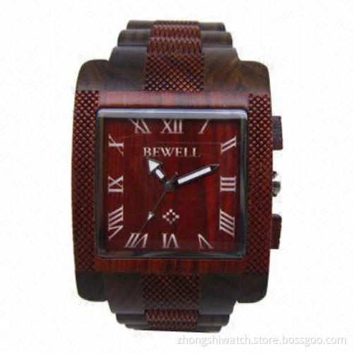 Lasted Men Style Bewell Cholocate Sandalwood Wooden Watches with Big Square Dial, Mesh Bezel/Band